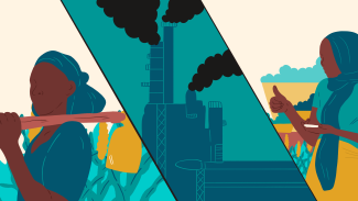 Three-piece graphic with 1st - rural woman with brown skin and a blue dress, with a hoe tool on her left shoulder, 2nd factory with three pipes with black smoke coming out of them, 3rd born woman in a duck blue headscarf, a turquoise blue t-shirt and yellow skirt with her right hand thumb up.