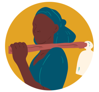 Circle in mustard yellow with the illustration of a rural woman with brown skin and a blue dress, with a hoe tool on her left shoulder.