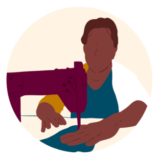 This image represents a faceless person with short dark hair, and dark skin, with a navy blue shirt, and yellow sweater, working behind a burgundy sewing machine on a navy blue piece of fabric