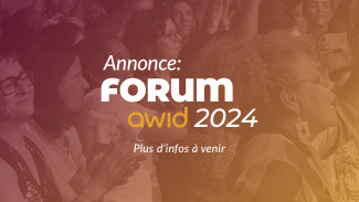 Image avec les mots: annonce: forum awid 2024. L'arrière-plan a une photo pâle du public lors du forum précédent et a un dégradé qui va du violet à gauche au jaune à droite.