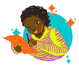 Illustration of a femme-presenting person with dark skin, wearing bright colors like neon green and bright orange. They are looking at a piece of paper with a pen in hand, as if taking notes.