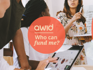 text of "who can fund me?" with a background image of group of people talking